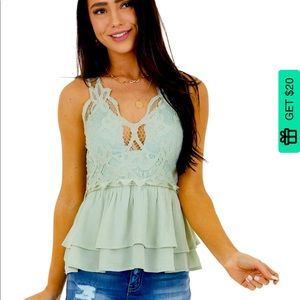 Sage Layered Babydoll Top With Lace Details